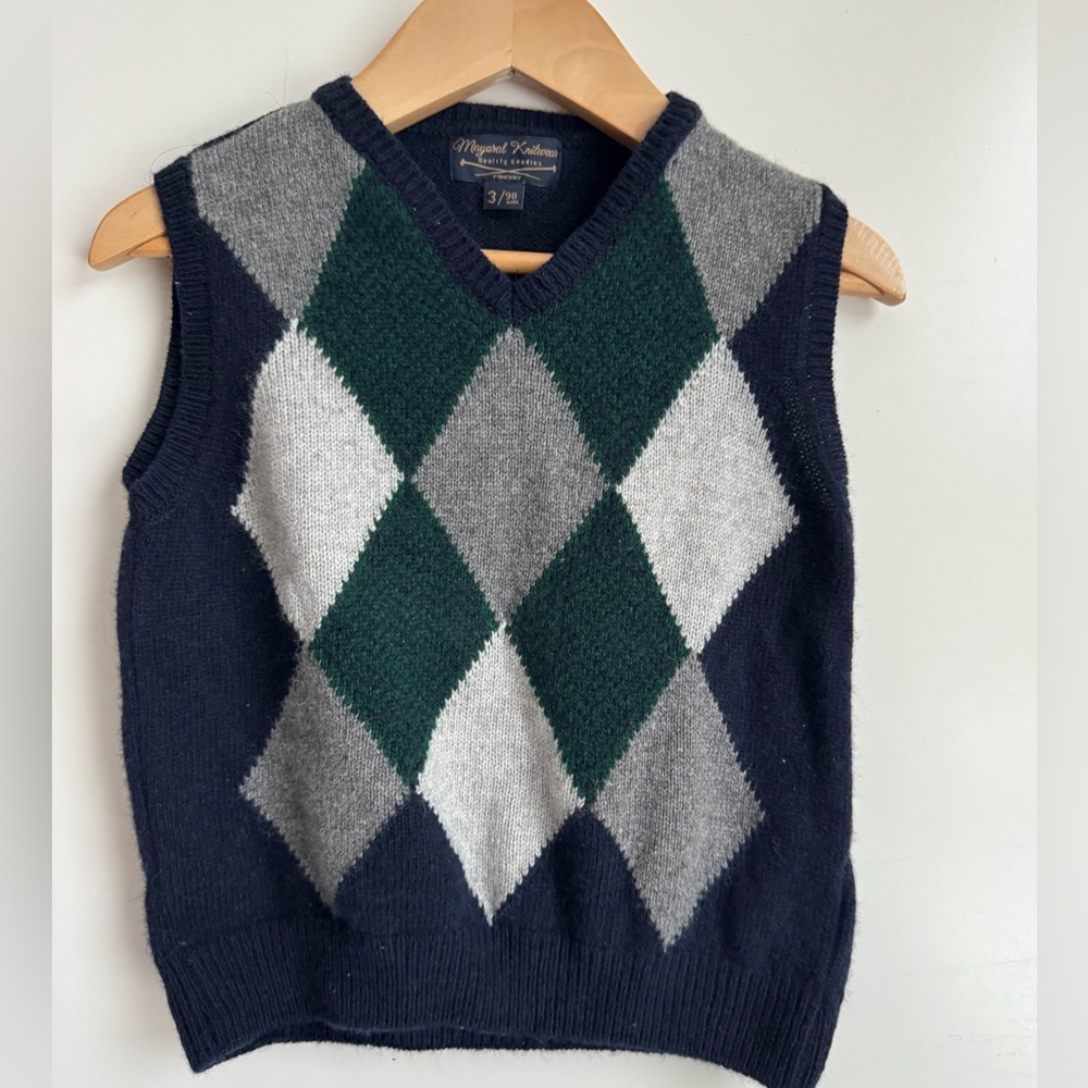 Mayoral Knitwear Little Boy 3T Sweater Vest Blue Green plaid Argyle formal comfy